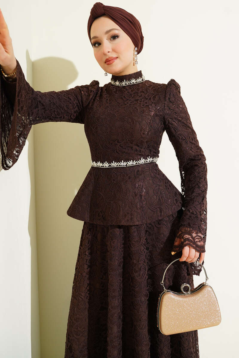 Floral Lace Stone Evening Two-Piece Set - Brown