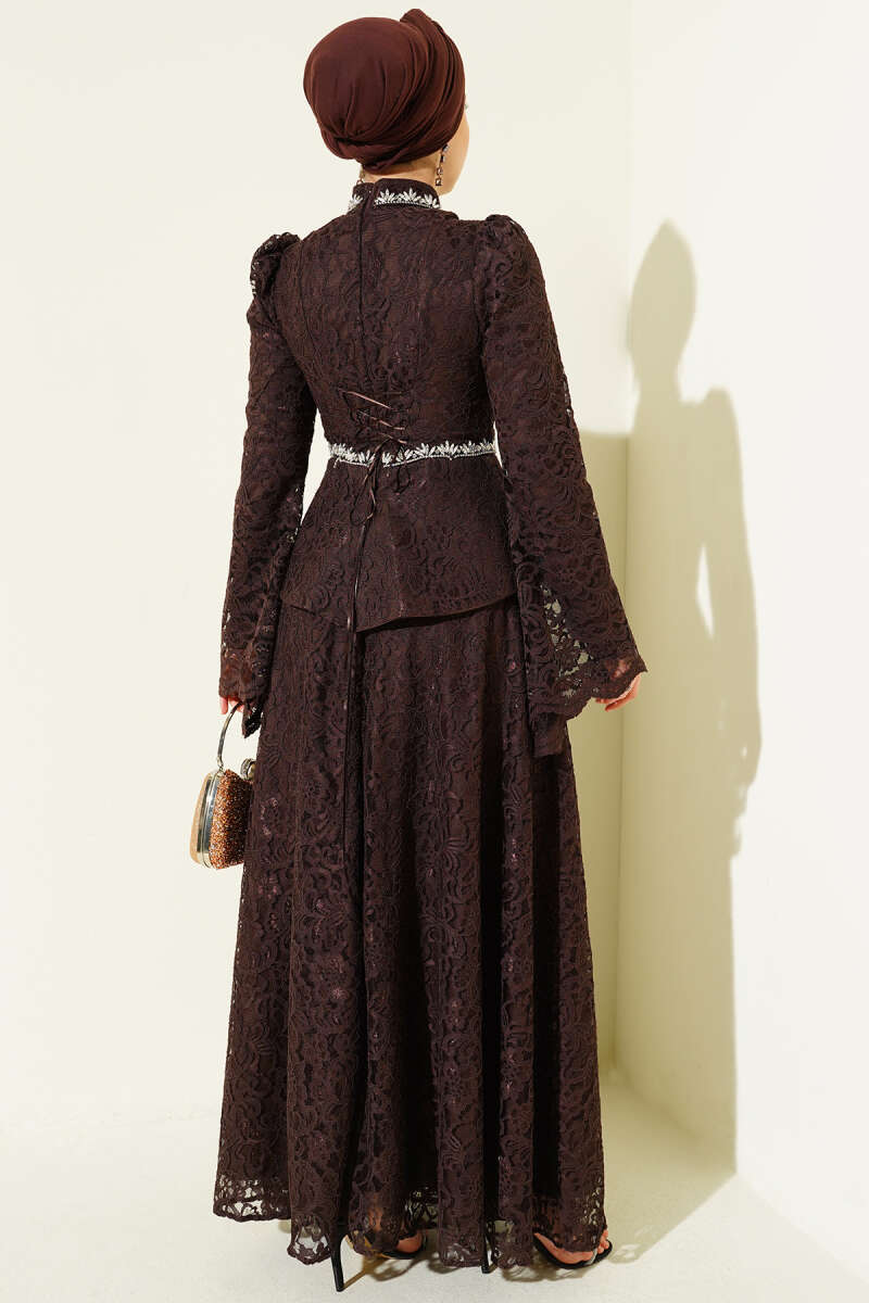 Floral Lace Stone Evening Two-Piece Set - Brown