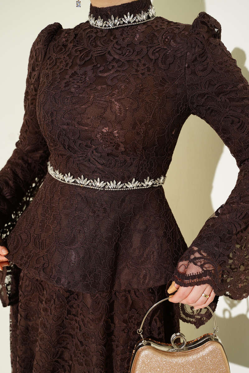 Floral Lace Stone Evening Two-Piece Set - Brown