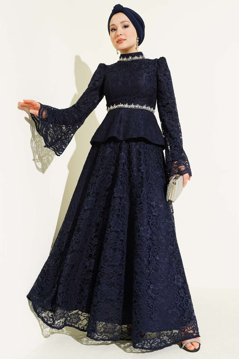 Floral Lace Stone Evening Two-Piece Set - Navy