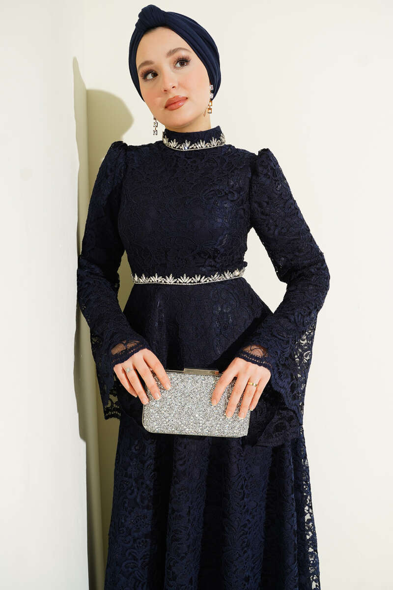 Floral Lace Stone Evening Two-Piece Set - Navy