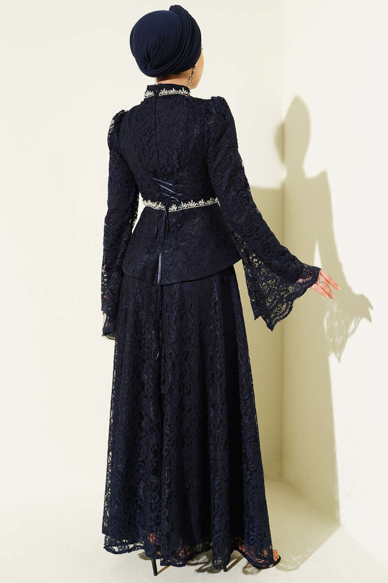 Floral Lace Stone Evening Two-Piece Set - Navy