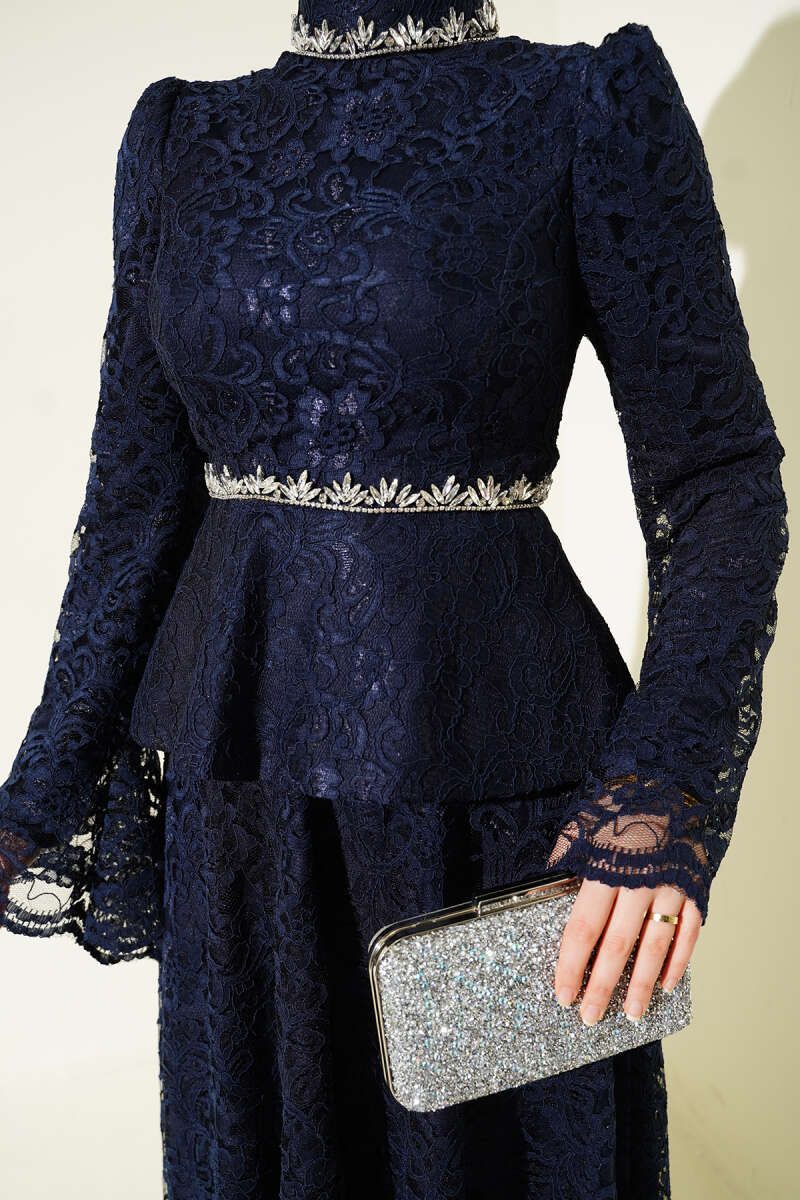 Floral Lace Stone Evening Two-Piece Set - Navy