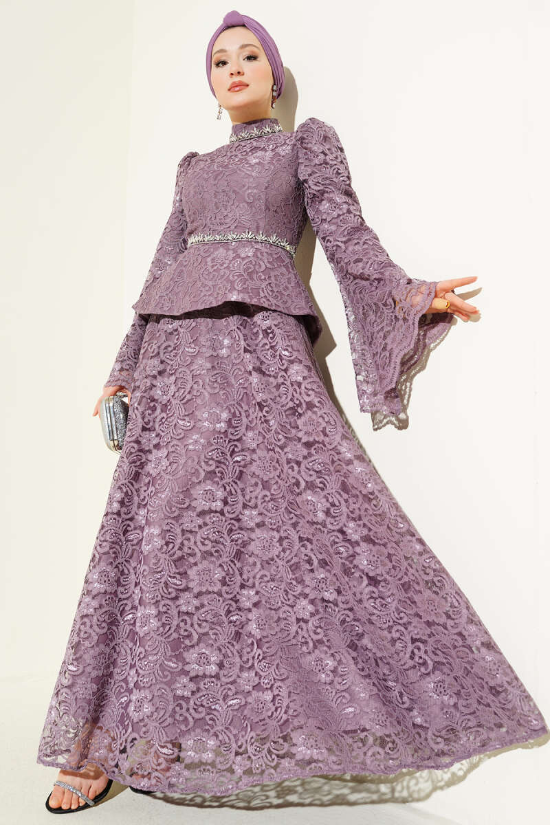 Floral Lace Stone Evening Two-Piece Set - Lilac