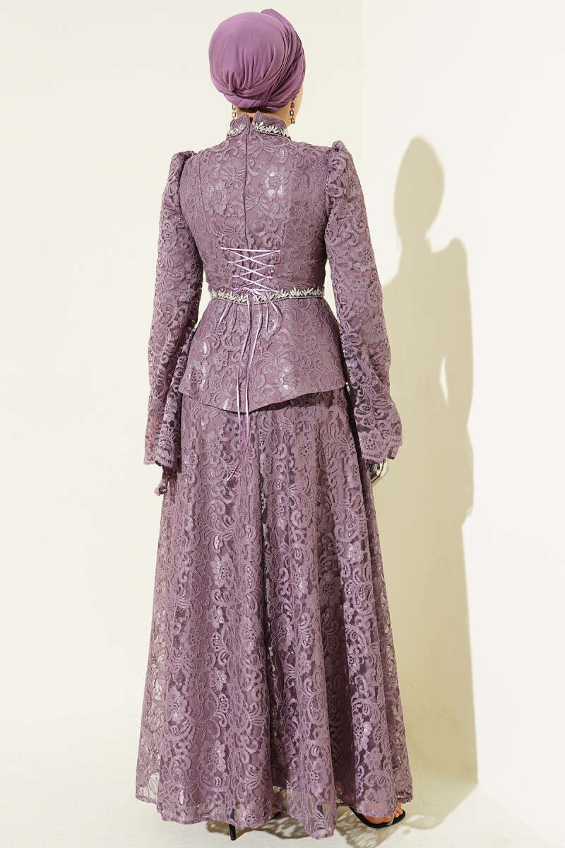 Floral Lace Stone Evening Two-Piece Set - Lilac
