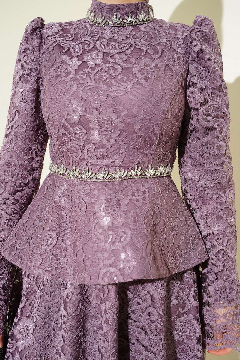 Floral Lace Stone Evening Two-Piece Set - Lilac