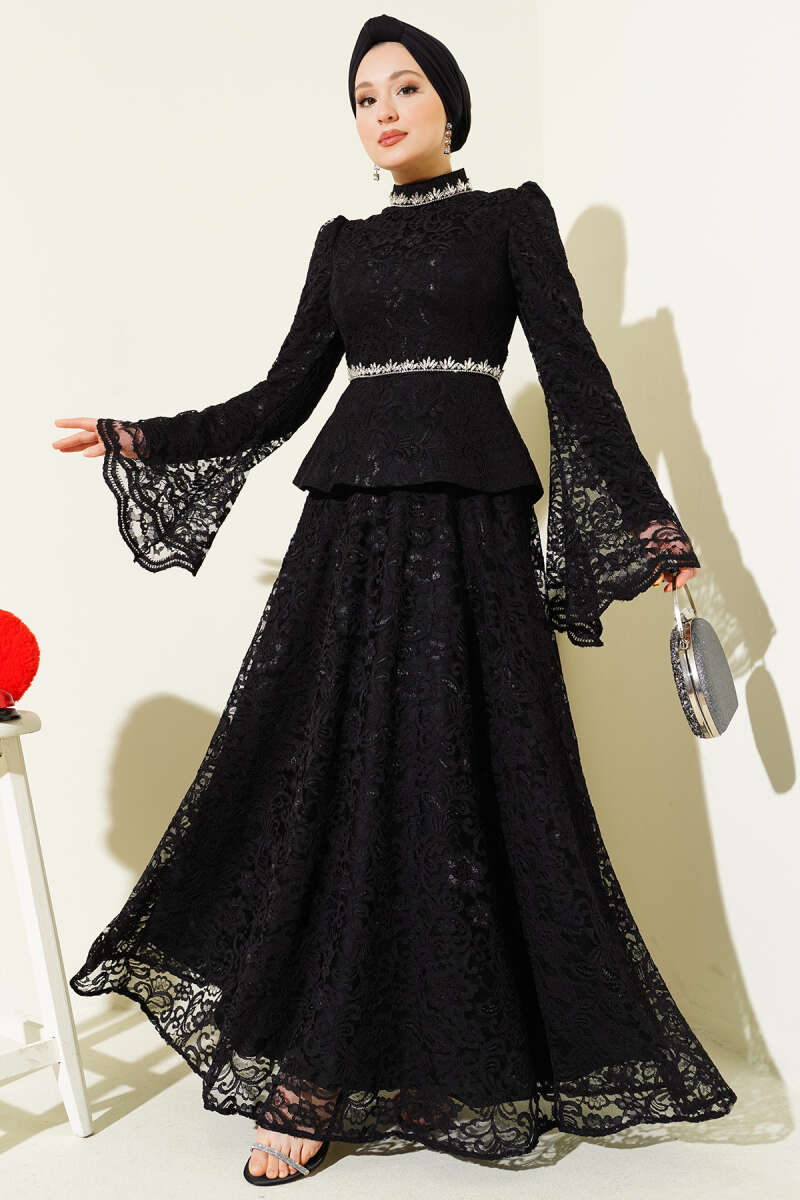 Floral Lace Stone Evening Two-Piece Set - Black