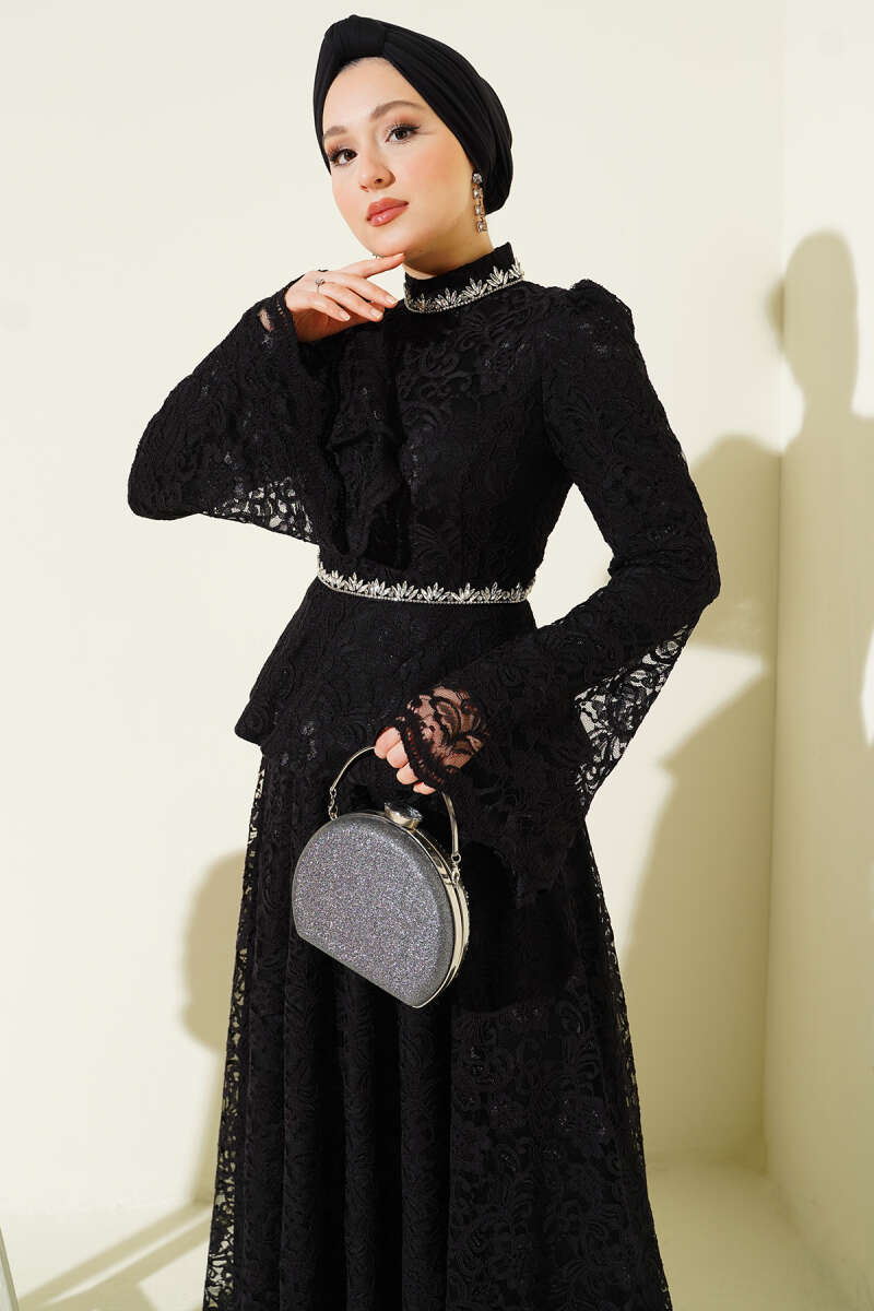 Floral Lace Stone Evening Two-Piece Set - Black