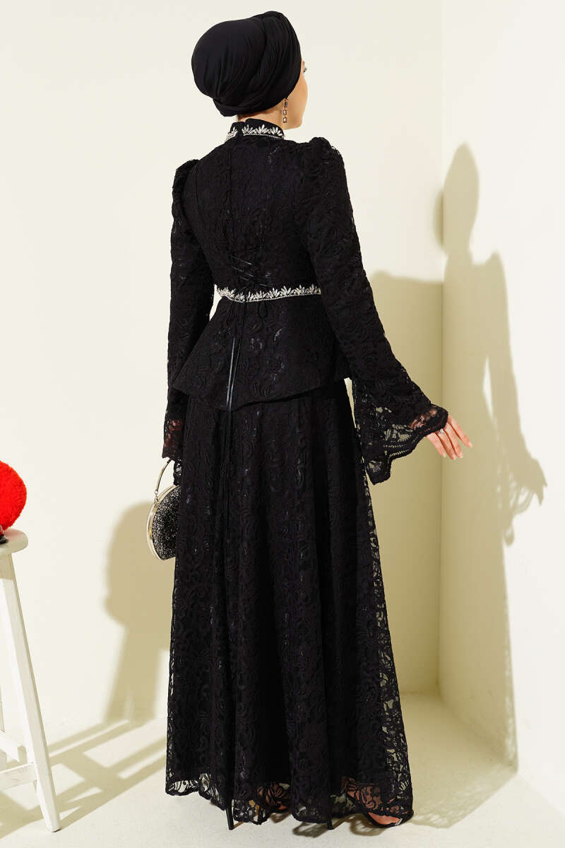 Floral Lace Stone Evening Two-Piece Set - Black