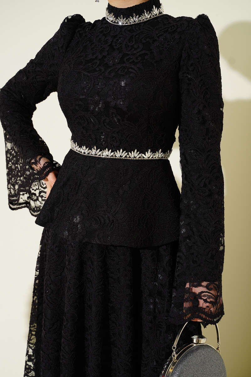 Floral Lace Stone Evening Two-Piece Set - Black