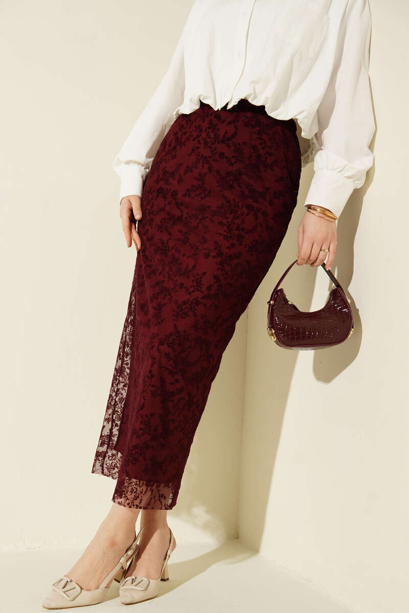 Floral Lace Tulle Pencil Skirt - Burgundy