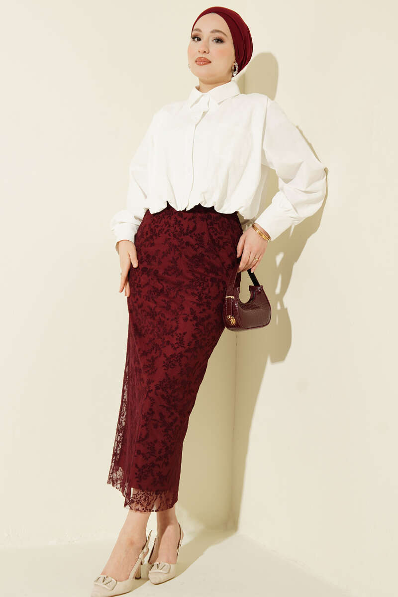 Floral Lace Tulle Pencil Skirt - Burgundy