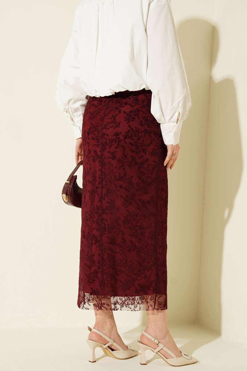 Floral Lace Tulle Pencil Skirt - Burgundy