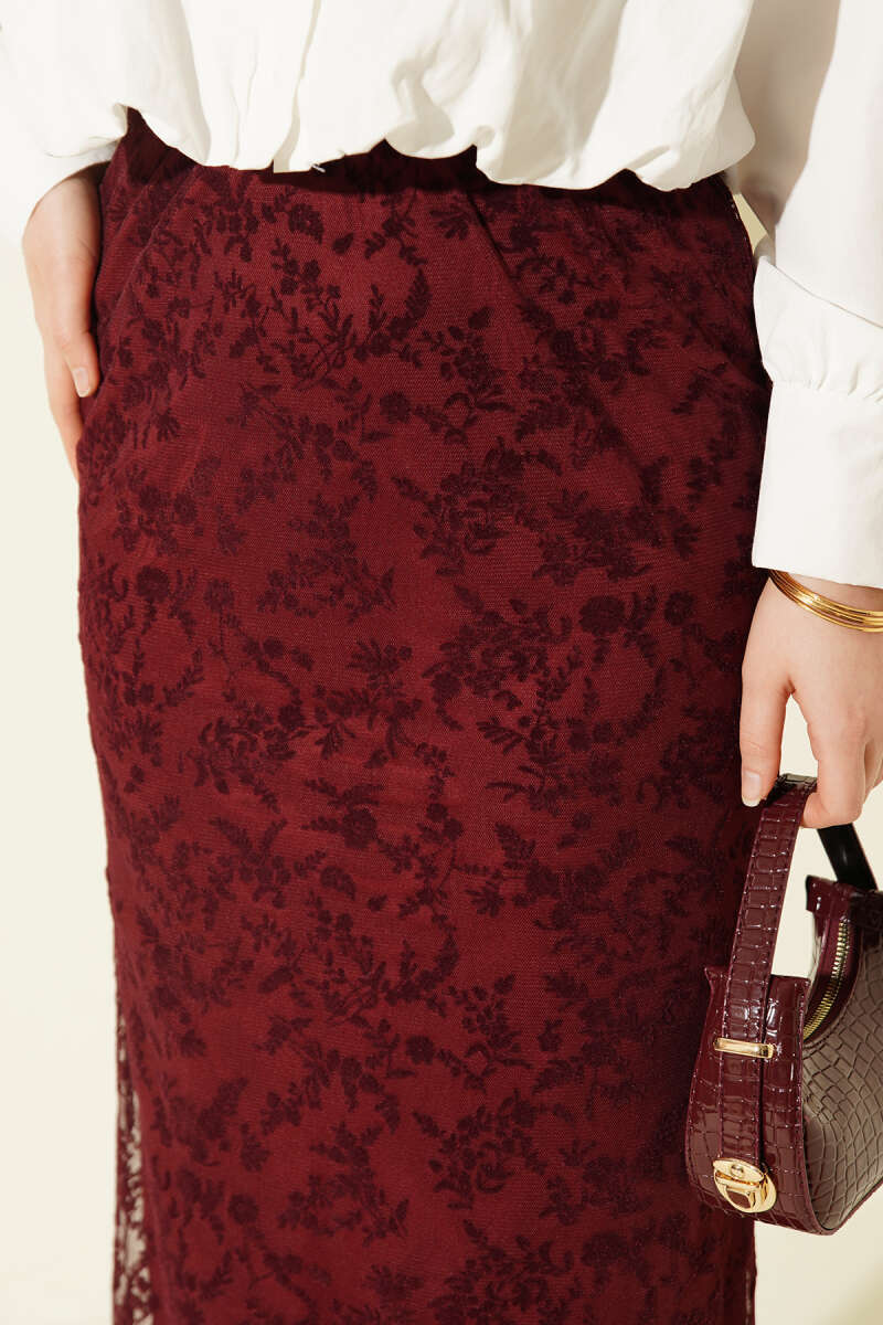 Floral Lace Tulle Pencil Skirt - Burgundy