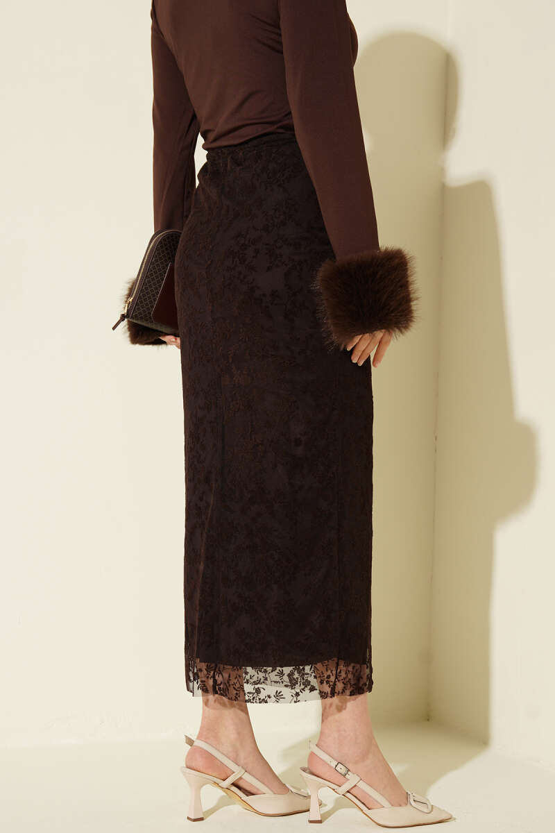Floral Lace Tulle Pencil Skirt - Brown