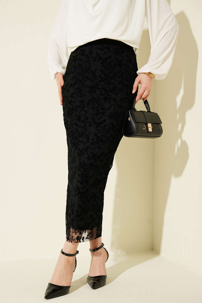 Floral Lace Tulle Pencil Skirt - Black