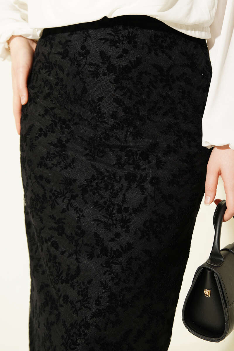 Floral Lace Tulle Pencil Skirt - Black