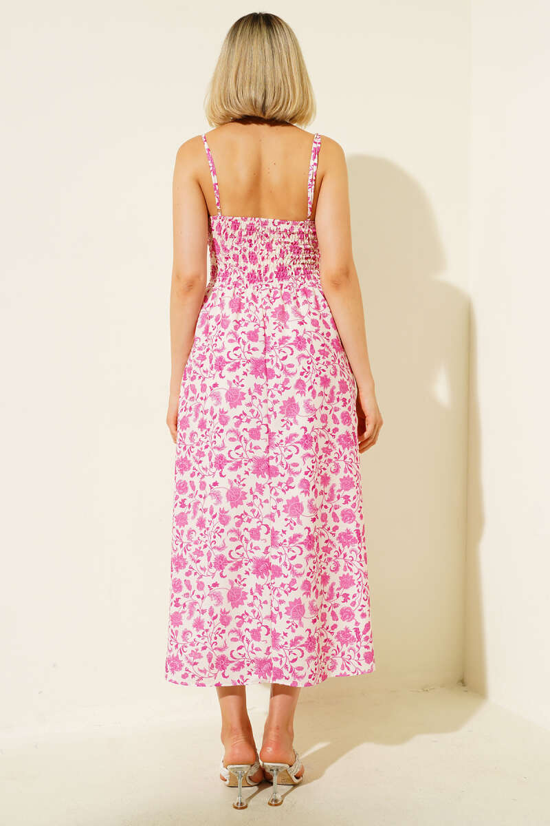 Floral Strappy Midi Dress - Fuchsia