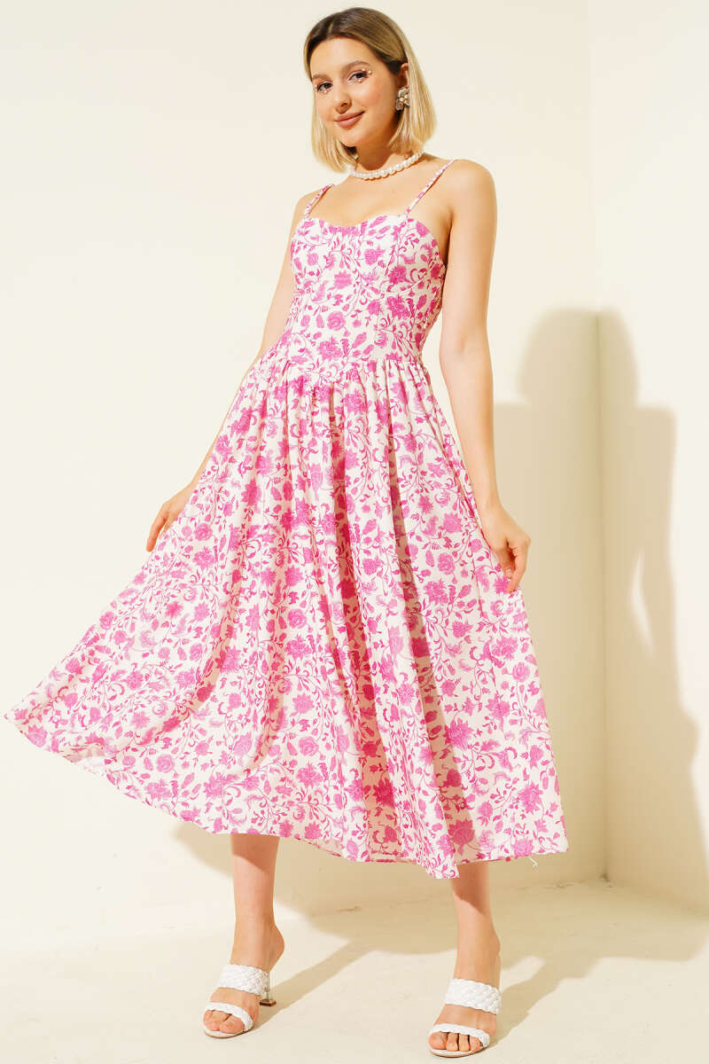 Floral Strappy Midi Dress - Fuchsia