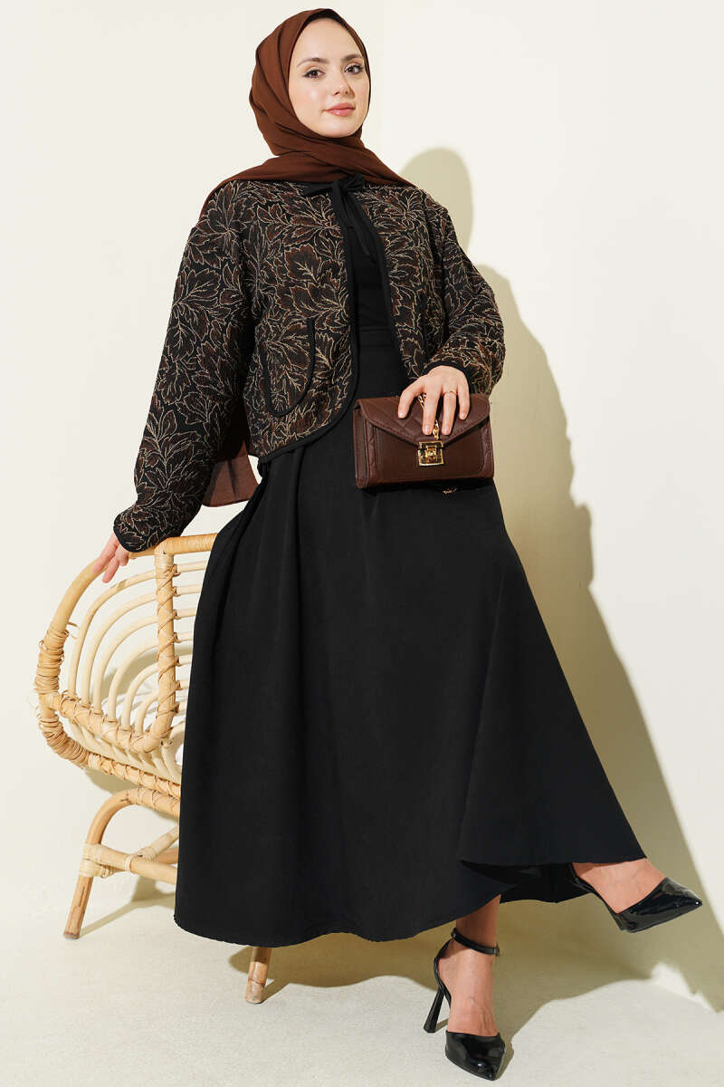 Floral Jacket and Skirt Set - Brown