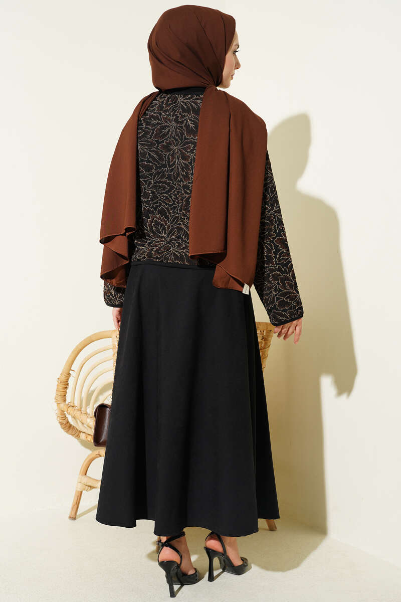 Floral Jacket and Skirt Set - Brown