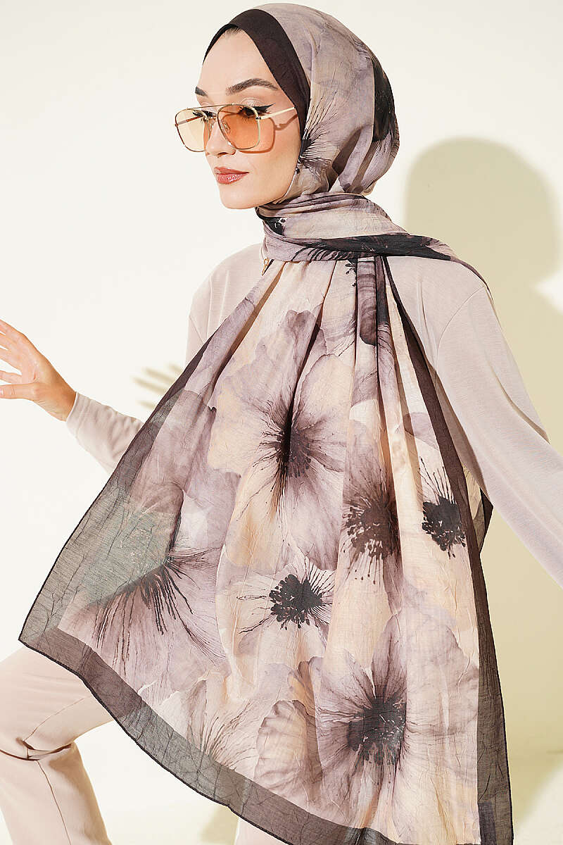 Floral Detail Bamboo Crinkle Shawl - Dark Brown