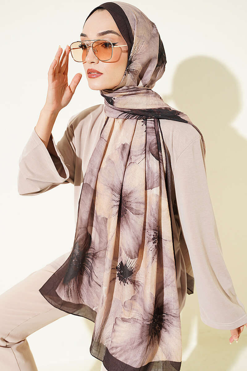 Floral Detail Bamboo Crinkle Shawl - Dark Brown