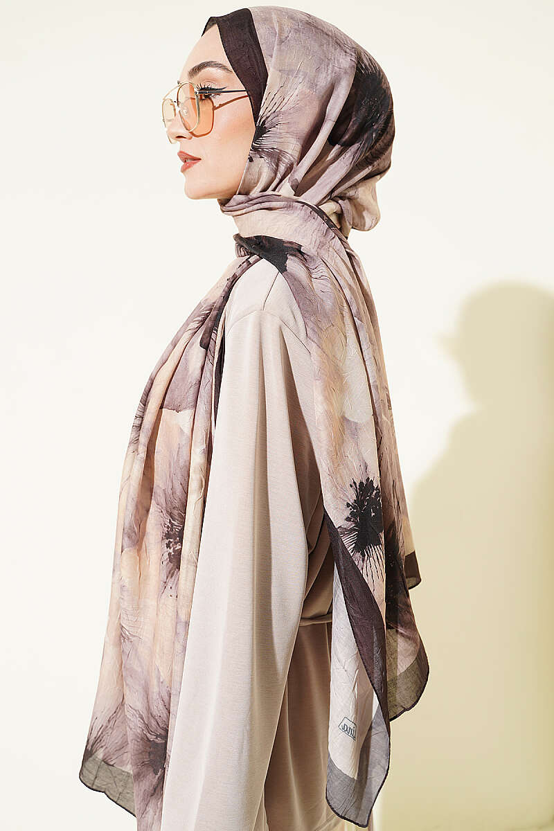 Floral Detail Bamboo Crinkle Shawl - Dark Brown