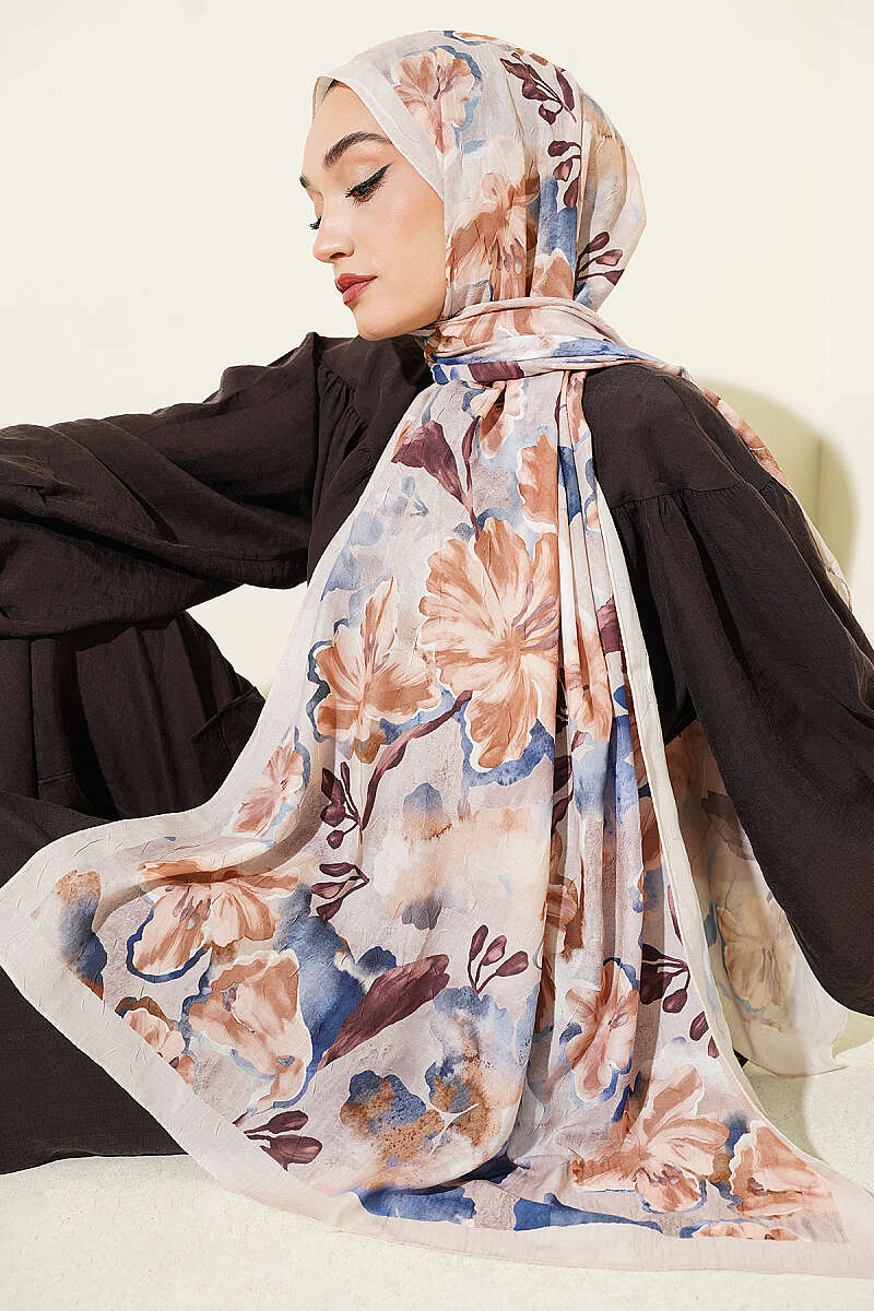 Floral Detail Bamboo Crinkle Shawl - Beige