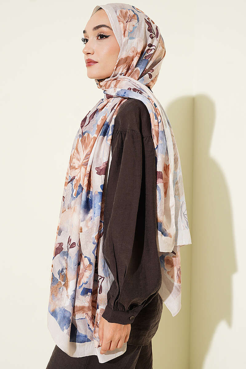Floral Detail Bamboo Crinkle Shawl - Beige