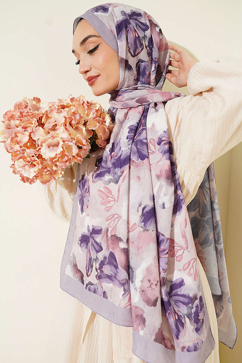 Floral Detail Bamboo Crinkle Shawl - Grey
