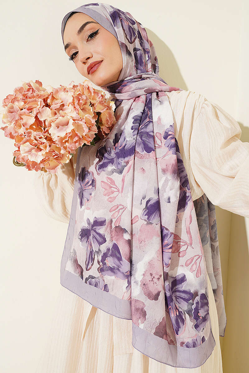 Floral Detail Bamboo Crinkle Shawl - Grey