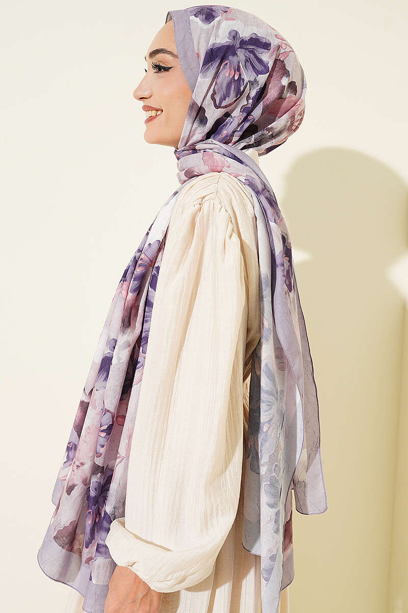 Floral Detail Bamboo Crinkle Shawl - Grey