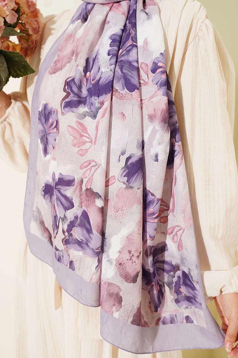 Floral Detail Bamboo Crinkle Shawl - Grey