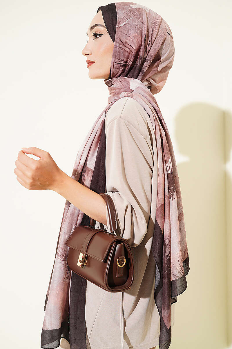 Floral Detail Bamboo Crinkle Shawl - Chestnut