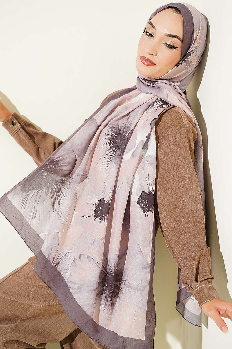 Floral Detail Bamboo Crinkle Shawl - Dark Mink