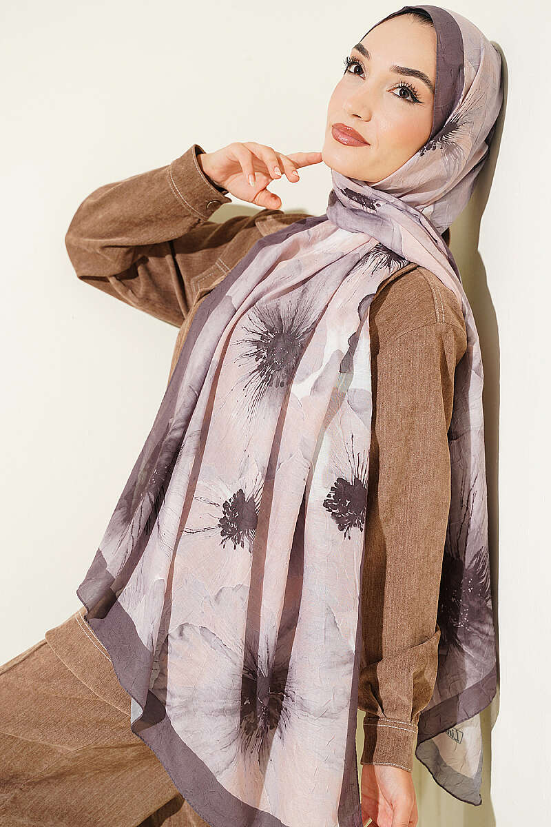 Floral Detail Bamboo Crinkle Shawl - Dark Mink