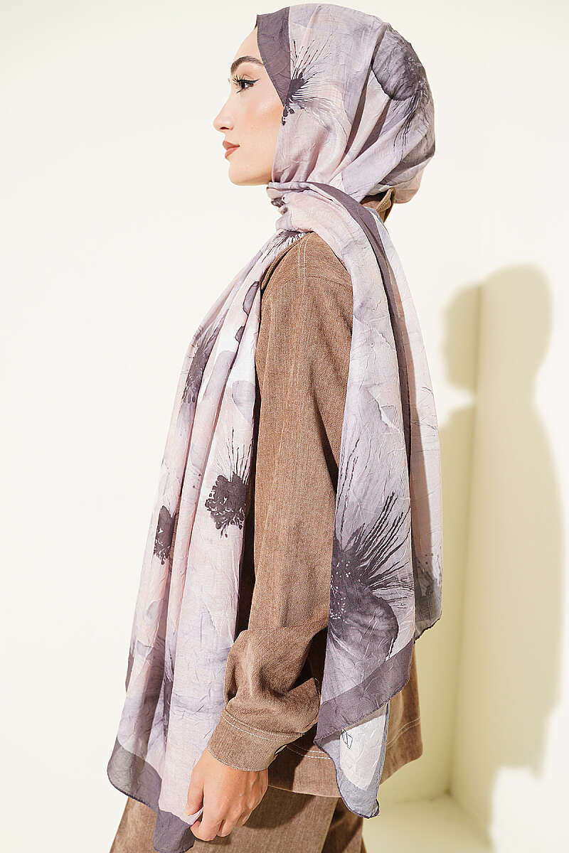 Floral Detail Bamboo Crinkle Shawl - Dark Mink