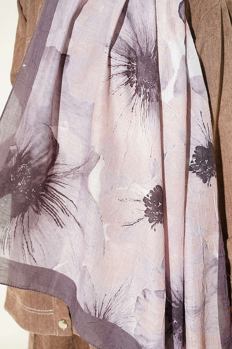 Floral Detail Bamboo Crinkle Shawl - Dark Mink