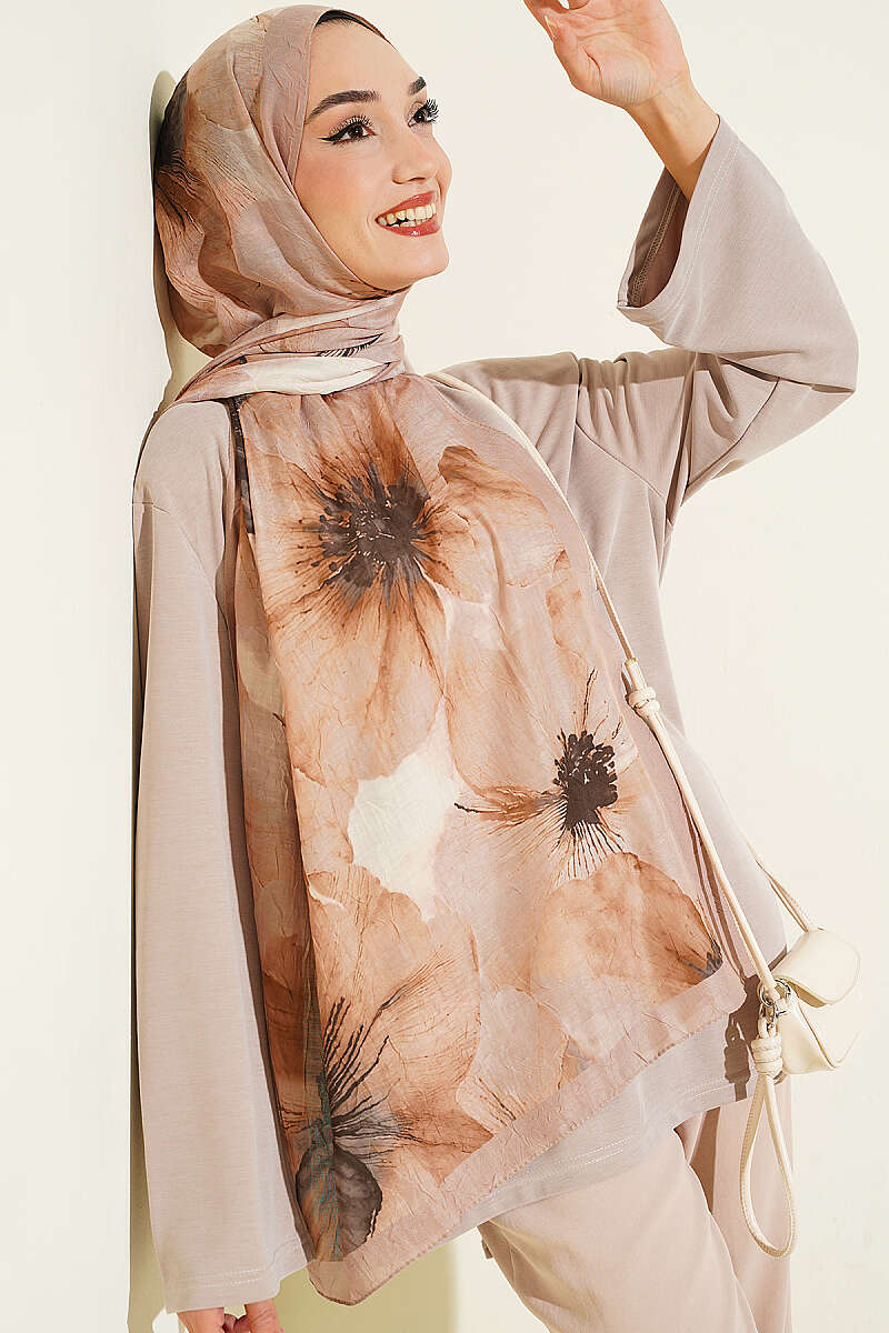 Floral Detail Bamboo Crinkle Shawl - Sand