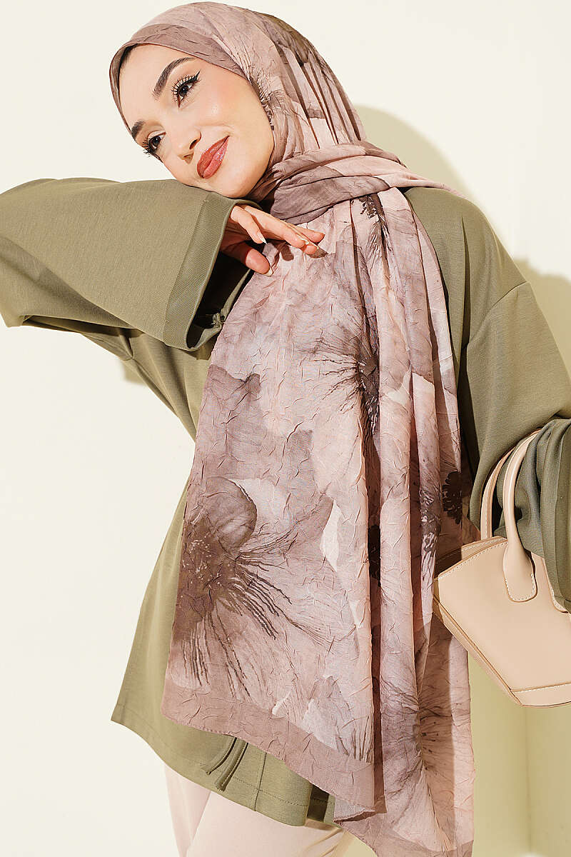 Floral Detail Bamboo Crinkle Shawl - Latte