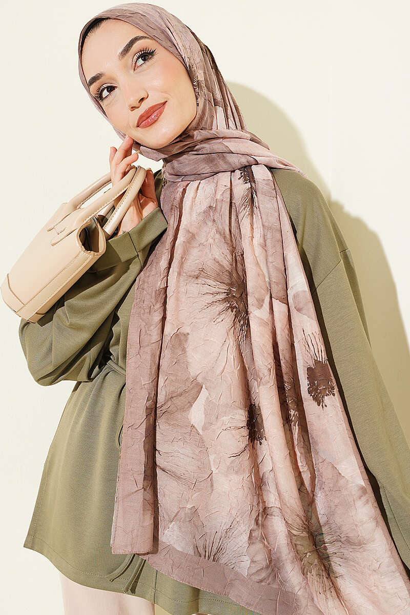 Floral Detail Bamboo Crinkle Shawl - Latte