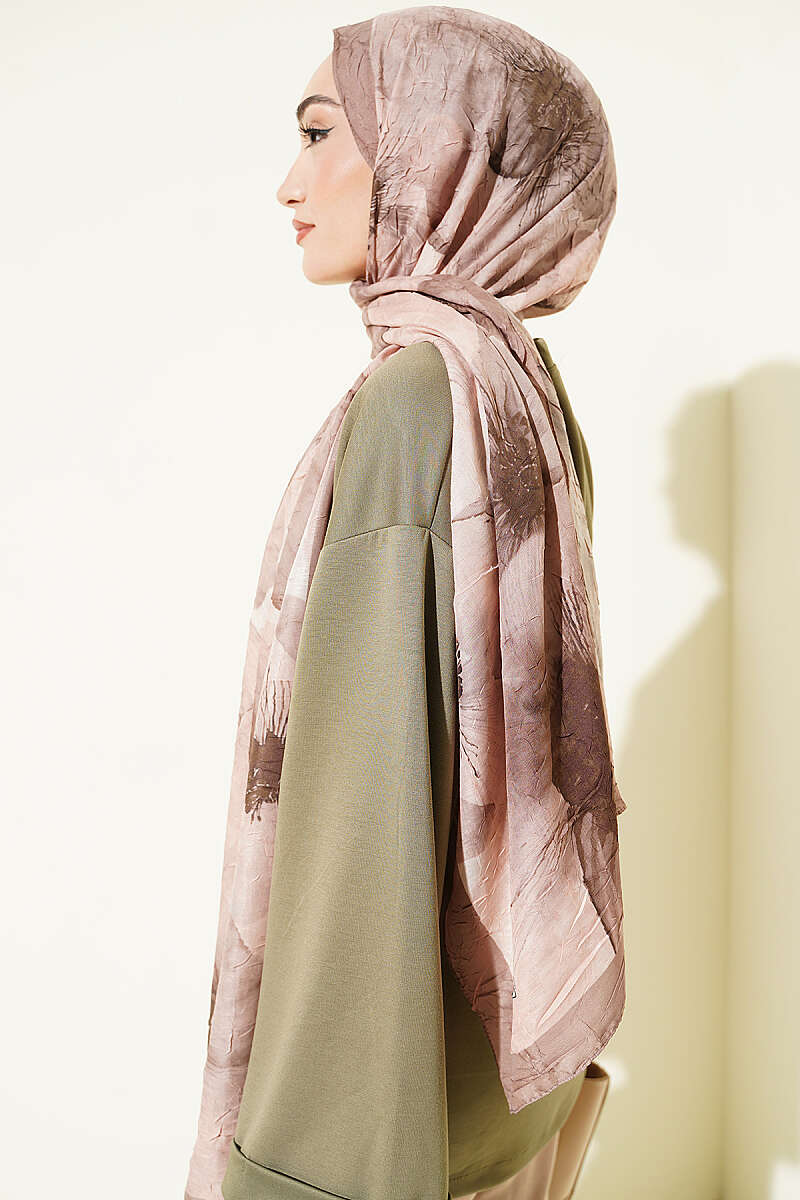 Floral Detail Bamboo Crinkle Shawl - Latte