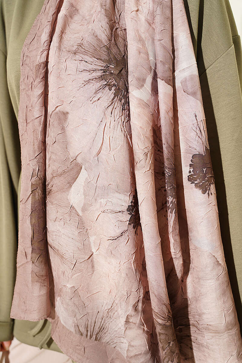 Floral Detail Bamboo Crinkle Shawl - Latte