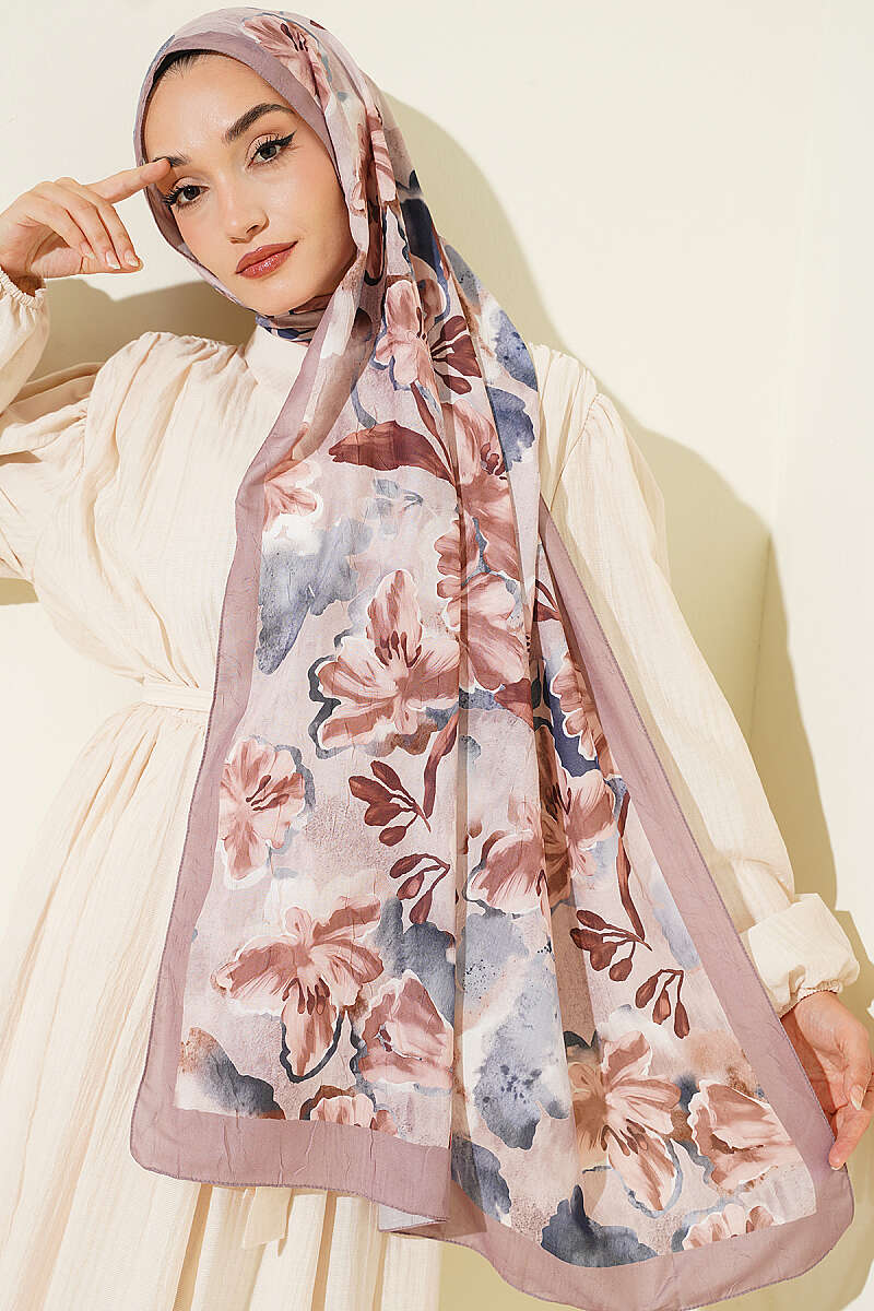 Floral Detail Bamboo Crinkle Shawl - Latte
