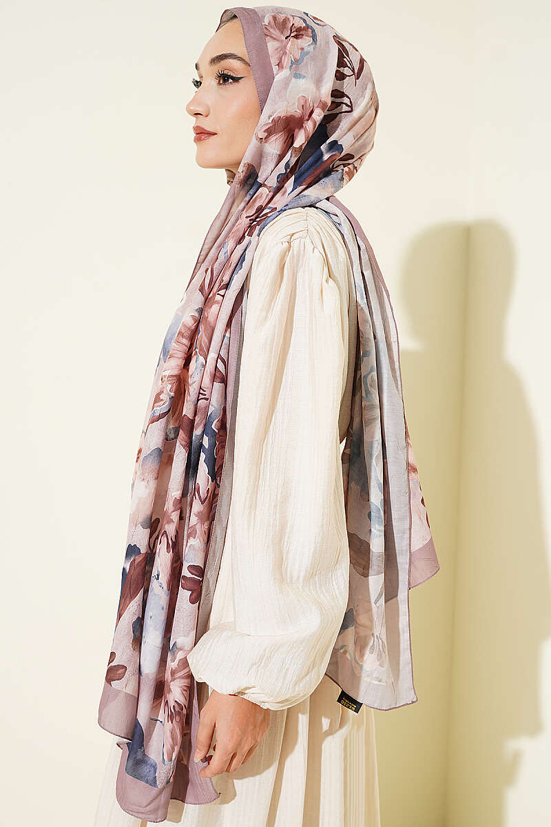 Floral Detail Bamboo Crinkle Shawl - Latte