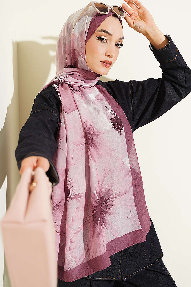 Floral Detail Bamboo Crinkle Shawl - Magenta