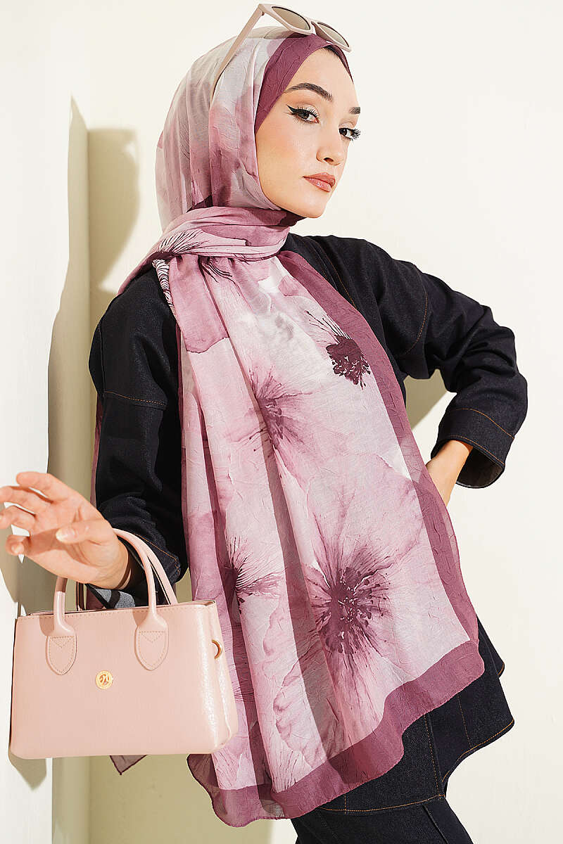 Floral Detail Bamboo Crinkle Shawl - Magenta