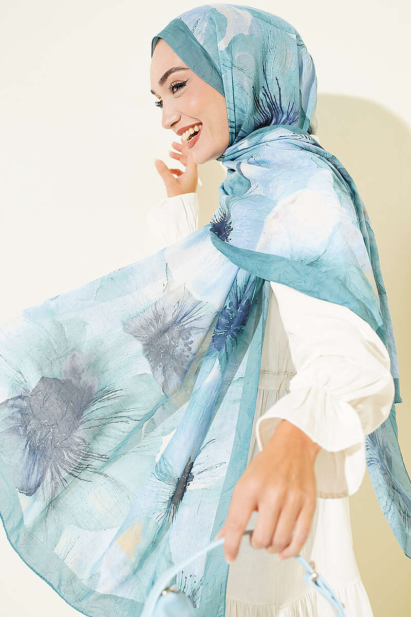 Floral Detail Bamboo Crinkle Shawl - Mint
