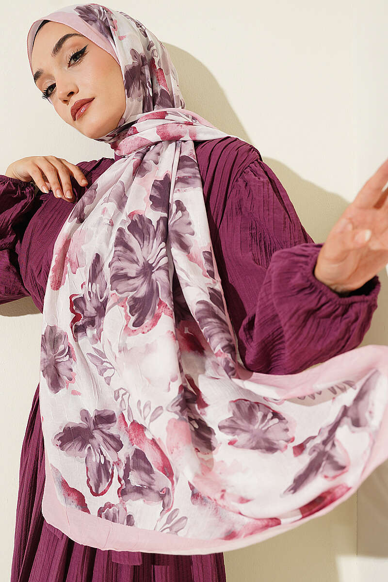 Floral Detail Bamboo Crinkle Shawl - Pink